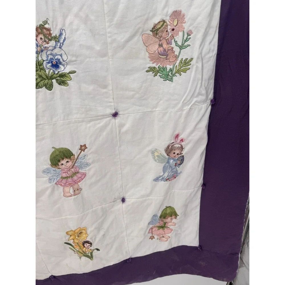 Vintage Handmade Fairy Quilt Embroidered Flower Baby Blanket Purple Cottagecore